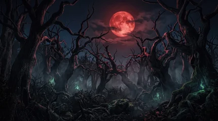 Dark fantasy forest at night illuminated by glowing magical spores and a blood red moon © thesweetsheep