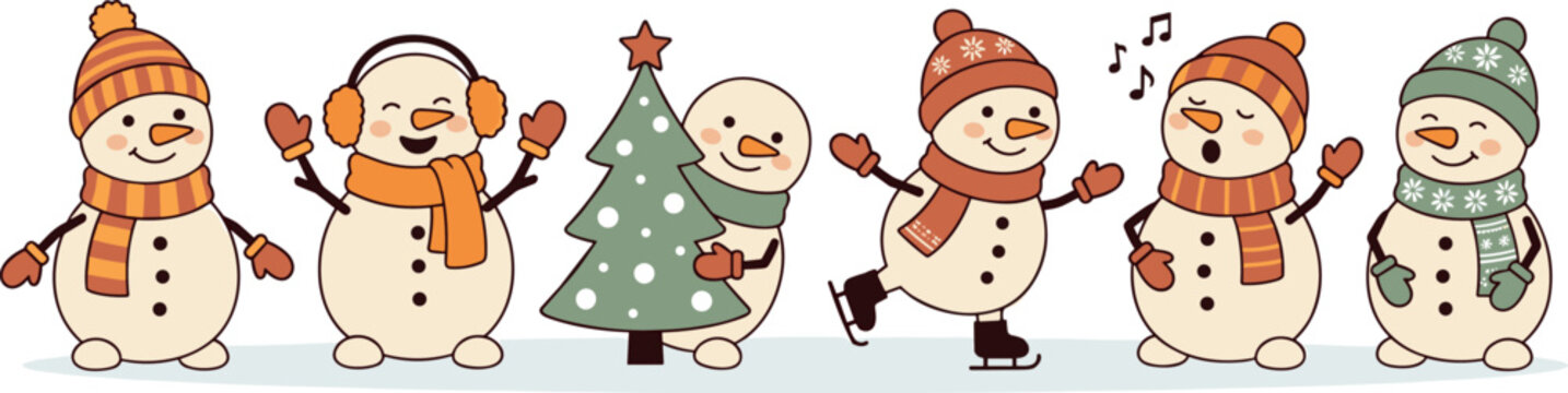 Kawaii winter snowman bundle showing fun outdoor seasonal activities including ice skating singing songs waving hands and smiling isolated on white background vector
