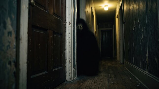 Scary mysterious figure in dark hooded cloak lurking in a dimly lit abandoned hallway