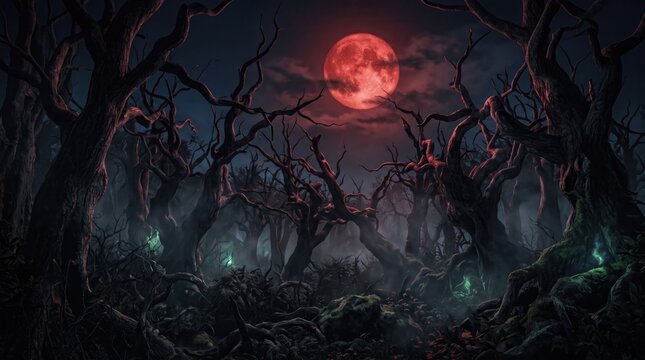Dark fantasy forest at night illuminated by glowing magical spores and a blood red moon