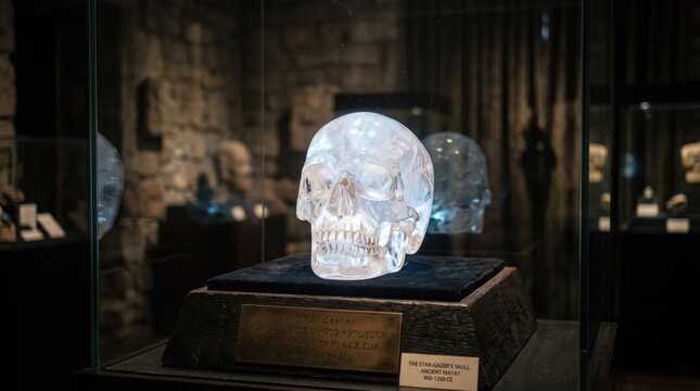 Glowing crystal skull artifact displayed inside glass museum showcase exhibition