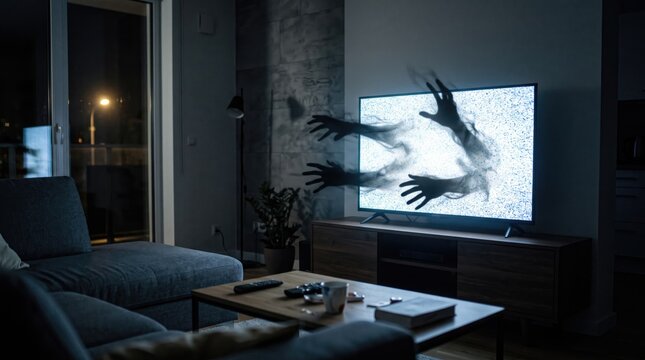 Creepy hands reaching out of tv screen static in dark living room night scene