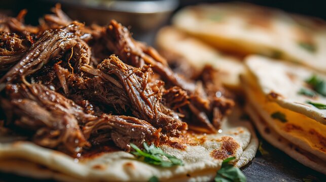 Shredded beef tacos are filled with juicy meat and herbs on homemade tortillas.