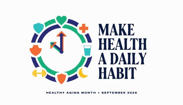 Colorful clock graphic promoting healthy daily habits for active aging seniors