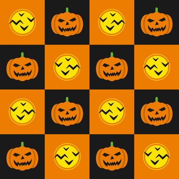 Seamless geometric pattern with Halloween holiday symbols. Scary pumpkin, full moon with flying bats in staggered checkerboard layout. Simple flat style
