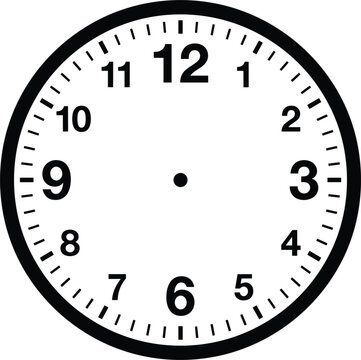 Blank analog wall clock face template with classic bold black numbers and tick marks showing no pointer hands vector