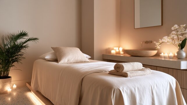 A tranquil spa room featuring a massage table  candles  and decorative plants