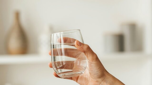 A close up of a hand holding a clear glass of water against a blurred light background, representing hydration, health, and daily wellness