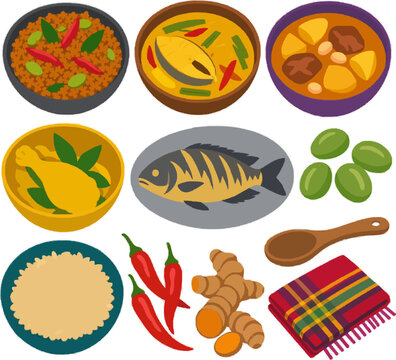 Southern Thai Food vector illustration collection with khua kling dry curry, gaeng som yellow curry, massaman curry, turmeric chicken