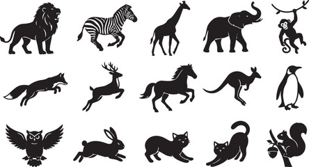 Obraz premium Wild Animal Silhouette Collection Featuring Lion Zebra Giraffe Elephant Monkey Fox Deer Horse Kangaroo Penguin Owl Rabbit Cat and Squirrel