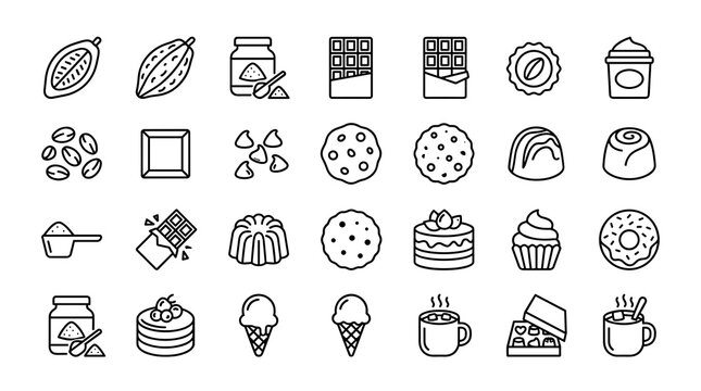 Chocolate Editable Line Icon Set with Cocoa Beans, Chocolate Bars, Truffles, Cookies, Candy, Desserts, Packaging, and Confectionery Symbols