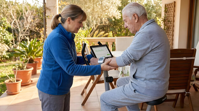 Nurse checking blood pressure for senior man outdoors.