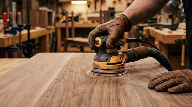Close-up of a professional carpenter wearing leather gloves using an electric orbital sander to smooth a dark walnut wood board in a well-equipped artisan workshop environment for fine woodworking 