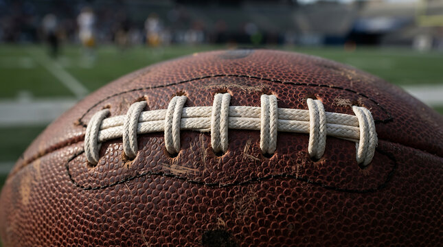 Close up of an American football leather ball on a grass field with stadium background