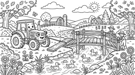 Obraz premium A friendly tractor pulling a wooden bridge over a stream with ducks swimming and two farmers working in a lush farm landscape for coloring page