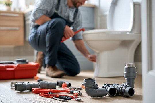 Plumber works on toilet repair in home bathroom during daytime with tools spread on floor