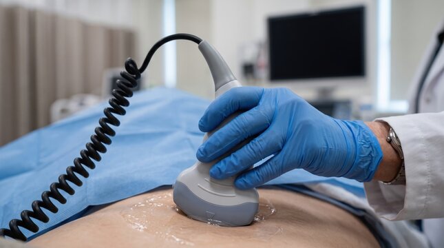 Healthcare professional performing an abdominal ultrasound scan on a patient in a modern medical clinic