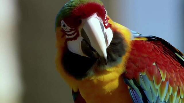 Colorful macaw parrot holding still in closeup against a softly blurred background