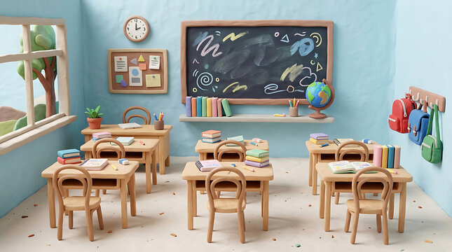 Empty elementary school classroom with wooden desks and chairs and a large chalkboard on a blue wall for children learning and education in a bright and colorful study room environment