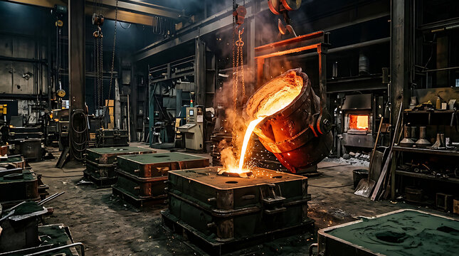 Molten metal pouring from a large ladle into a casting mold in a dark industrial factory setting with bright sparks flying during a heavy manufacturing process in a metal foundry