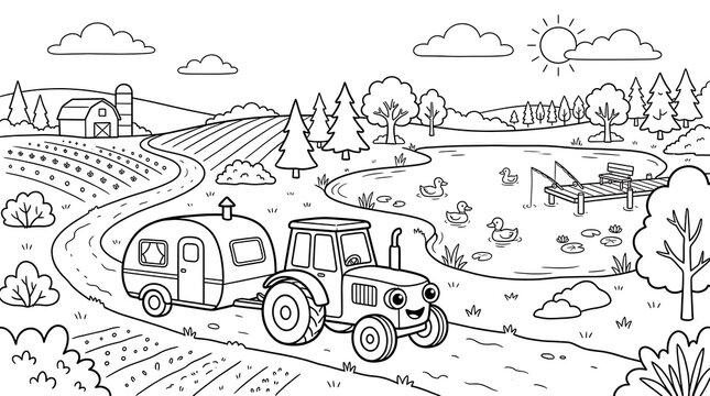 A peaceful farm coloring page featuring a smiling tractor pulling a small camping trailer near a pond with ducks and a wooden fishing dock