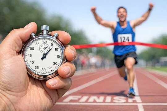 A person participating in a competitive event, timing themselves with a stopwatch