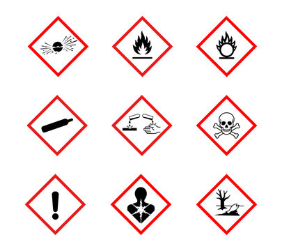 GHS hazard pictograms with explosive, flammable, oxidizing, compressed gas, corrosive, toxic, harmful, health and environmental hazard symbols for chemical safety label and hazard communication