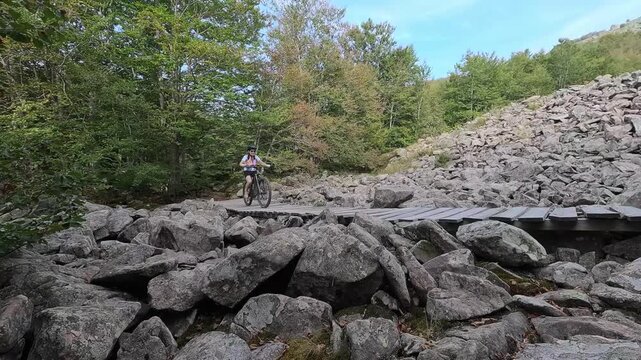 Donna bici MTB nella foresta e al lago Calamone