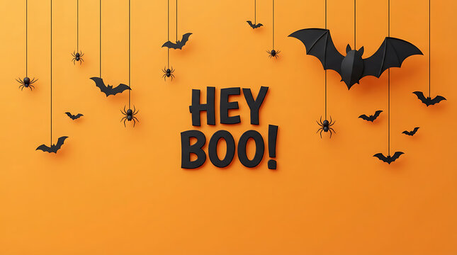 Black bat flying over orange background with hey boo text