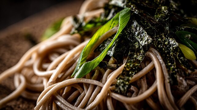 Soba noodles are served with nori seaweed and herbs on a dark board.