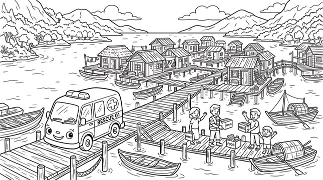 A rescue ambulance parked on a wooden pier in a village built on stilts over water with people receiving food supplies in a mountain landscape