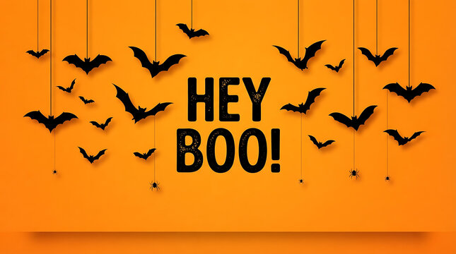 Black bats flying above a wooden door with spooky halloween text hey boo