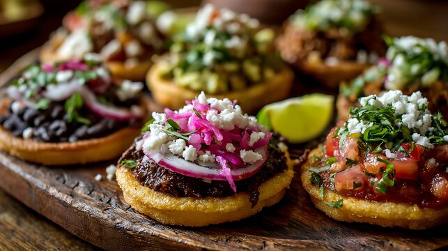 Mexican sopes topped with beans, cheese, and pickled onions are displayed.