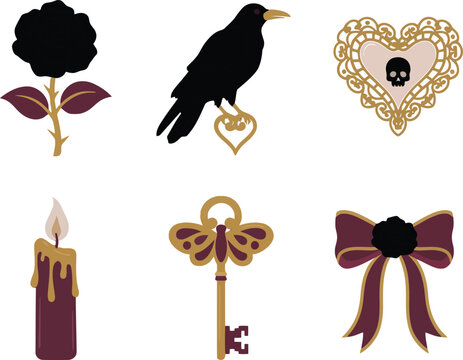 Gothic elements collection with black rose raven candle key and bow on white
