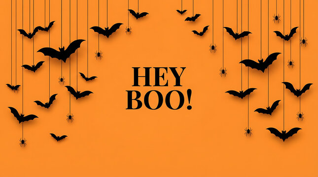 Black silhouettes of birds flying over an orange gradient background with text hey boo