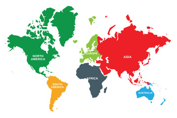 Colorful World Map with Labeled Continents and Distinct Regional Shapes. Global Geography Illustration for Education Travel and International Concepts © Monu