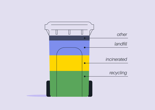A distinct recycling bin, adorned with vibrant colors, displays clear labels guiding residents in separating recyclables, landfill waste, and incinerated materials.