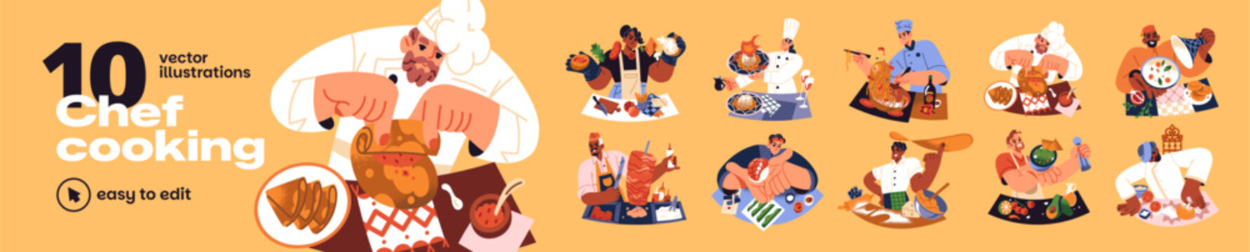 Chef cooking food. People cook different meals at the table. Fastfood restaurant kitchen with preparing of pizza, sushi, shawarma, burgers, noodles, guacamole. Flat isolated vector illustrations