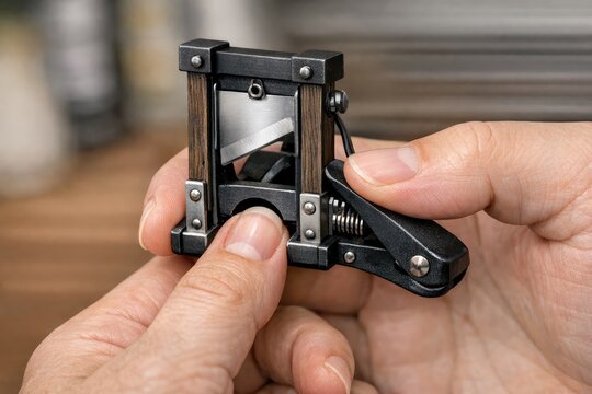 A person grasping a small metal object, possibly a tool or ornament, for unknown purposes