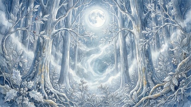 A magical winter forest scene is illuminated by a large, bright moon.