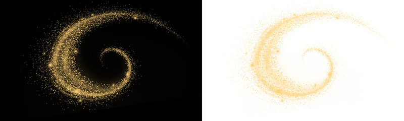 Golden glitter spiral trail, magic sparkling stardust swirl, glowing light effect isolated on transparent background © MDABUL