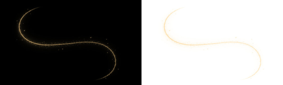 Golden glowing magic wave trail with sparkles and stardust isolated on transparent background