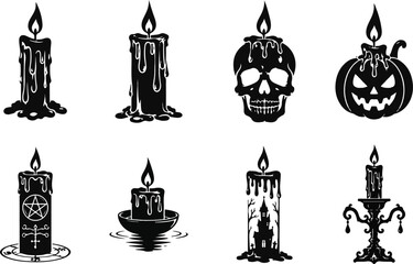 Naklejka premium Halloween Dripping Candle Silhouette Icons Set with Skull Pumpkin Gothic and Occult Elements