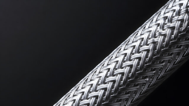 Metallic braided hose close-up against dark background