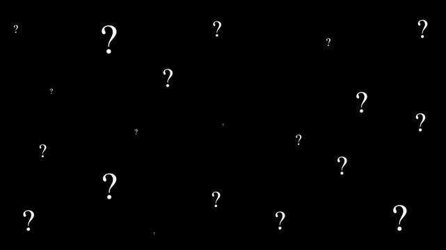 Dynamic floating white question marks on black background, seamless loop animation, for frequently asked, questions and problem, solving concept, visual backgrounds