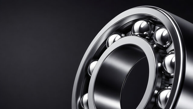 Close-up of industrial steel ball bearing on dark background