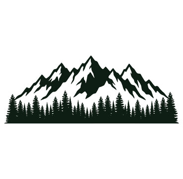 Mountain range with pine trees in front silhouette graphic illustration