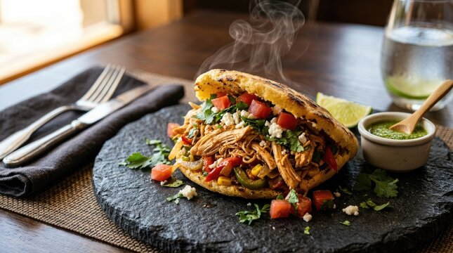 A close-up shot of a chicken tinga taco on a dark slate plate.