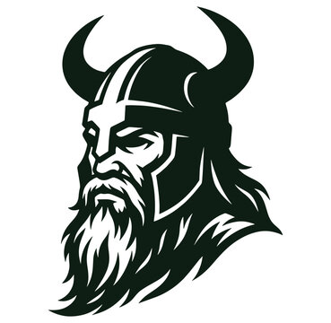 Viking warrior head with horned helmet and beard profile view