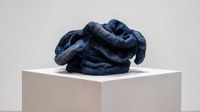 Abstract Sculpture of Twisted Blue Fabric on White Display Stand